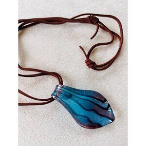 Murano Art Glass Pendant Necklace Adjustable Brown Cord In Blue Purple Tones